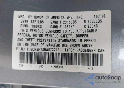 2017 Honda Accord Sport Se from USA, damaged, VIN 1HGCR2F1XHA073219